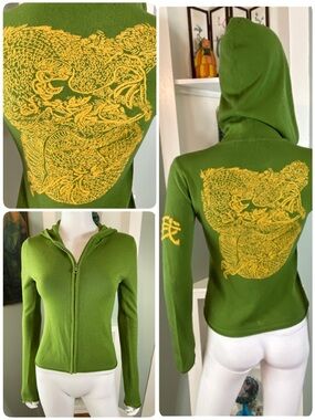 Vintage Y2K Sweet by Miss Me Cardigan Sweater Hand Embroidered Dragon Hooded
